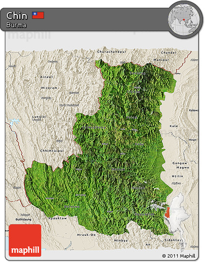 Satellite Panoramic Map of Chin, shaded relief outside