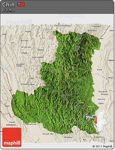 Satellite Panoramic Map of Chin, shaded relief outside