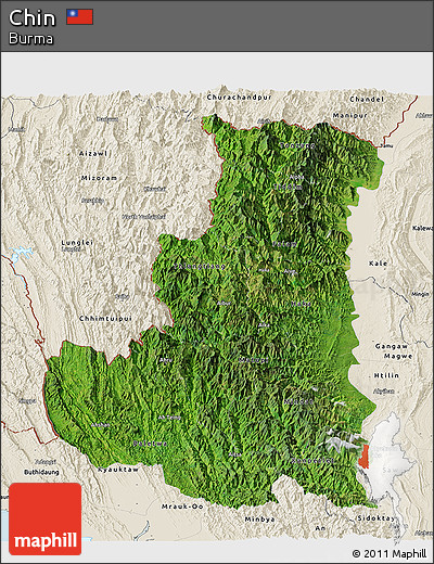 Satellite Panoramic Map of Chin, shaded relief outside