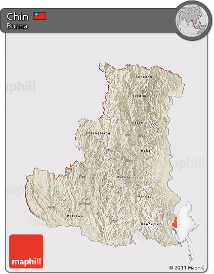 Shaded Relief Panoramic Map of Chin, cropped outside