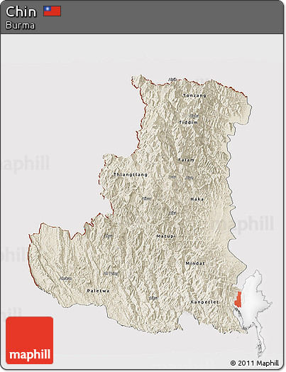 Shaded Relief Panoramic Map of Chin, cropped outside