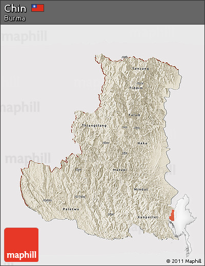 Shaded Relief Panoramic Map of Chin, cropped outside