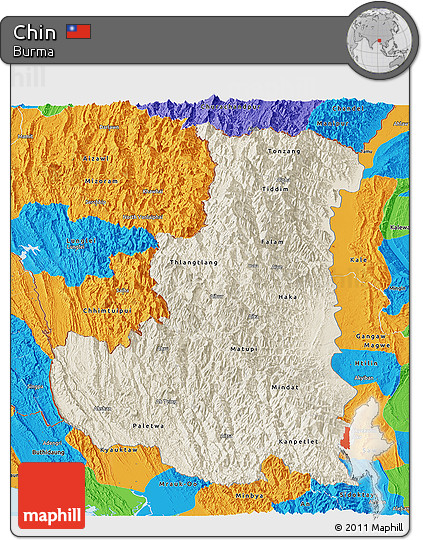 Shaded Relief Panoramic Map of Chin, political outside