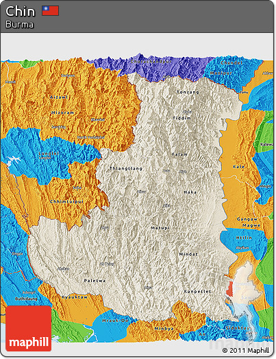 Shaded Relief Panoramic Map of Chin, political outside