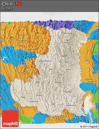 Shaded Relief Panoramic Map of Chin, political outside