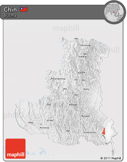Silver Style Panoramic Map of Chin, single color outside