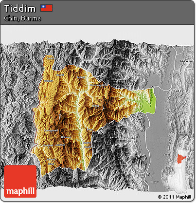 Physical 3D Map of Tiddim, desaturated