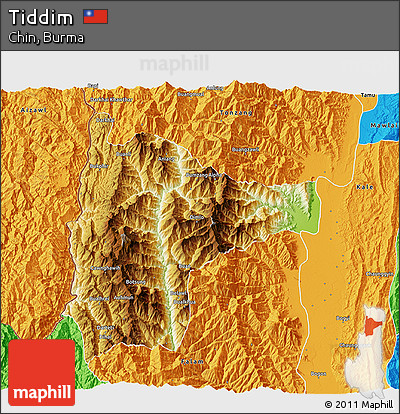 Physical 3D Map of Tiddim, political outside