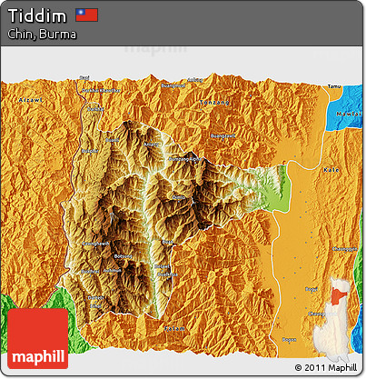 Physical 3D Map of Tiddim, political outside
