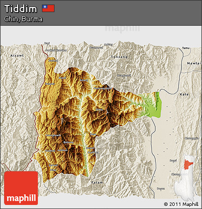 Physical 3D Map of Tiddim, shaded relief outside