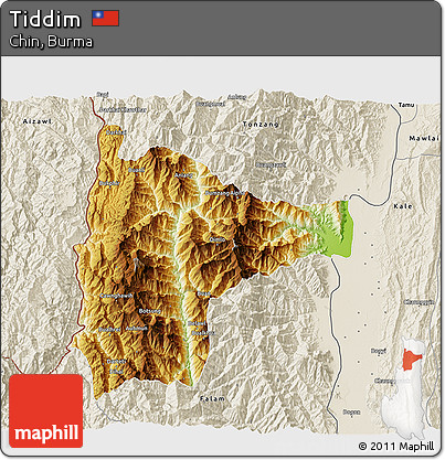Physical 3D Map of Tiddim, shaded relief outside