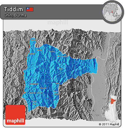 Political 3D Map of Tiddim, desaturated