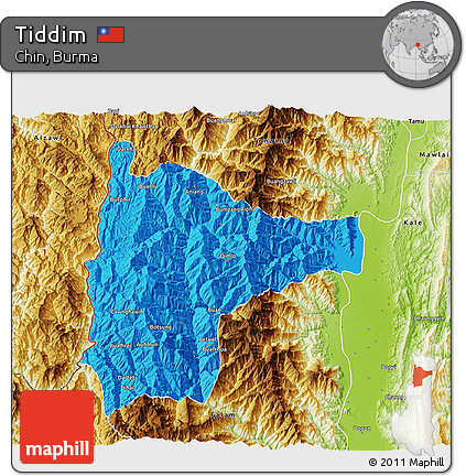 Political 3D Map of Tiddim, physical outside