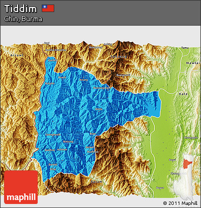 Political 3D Map of Tiddim, physical outside