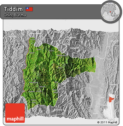 Satellite 3D Map of Tiddim, lighten, desaturated
