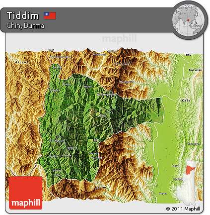 Satellite 3D Map of Tiddim, physical outside
