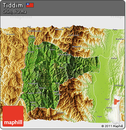 Satellite 3D Map of Tiddim, physical outside