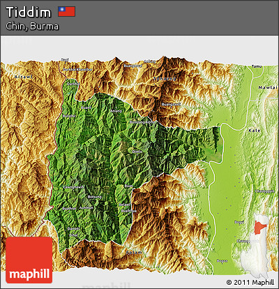 Satellite 3D Map of Tiddim, physical outside