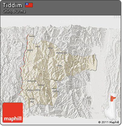 Shaded Relief 3D Map of Tiddim, lighten, semi-desaturated