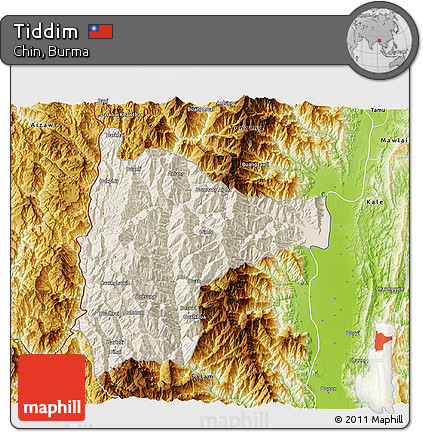 Shaded Relief 3D Map of Tiddim, physical outside