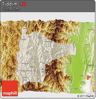 Shaded Relief 3D Map of Tiddim, physical outside