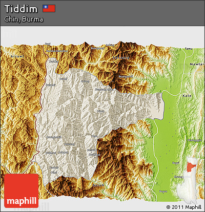 Shaded Relief 3D Map of Tiddim, physical outside