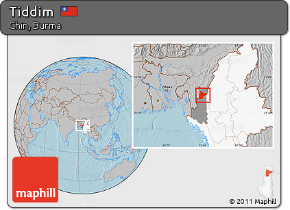 Gray Location Map of Tiddim, highlighted country, highlighted parent region, hill shading