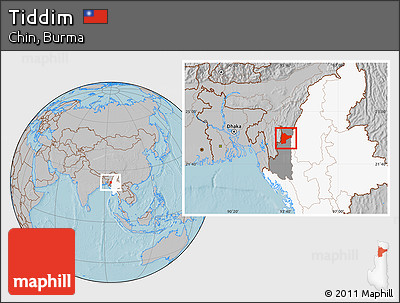 Gray Location Map of Tiddim, highlighted country, highlighted parent region, hill shading