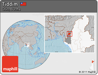 Gray Location Map of Tiddim, highlighted country, highlighted parent region, hill shading