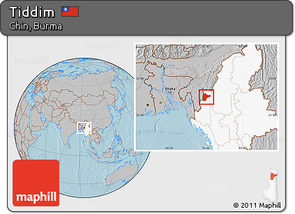 Gray Location Map of Tiddim, highlighted country, hill shading
