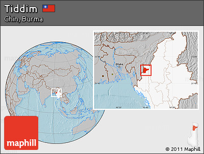Gray Location Map of Tiddim, highlighted country, hill shading