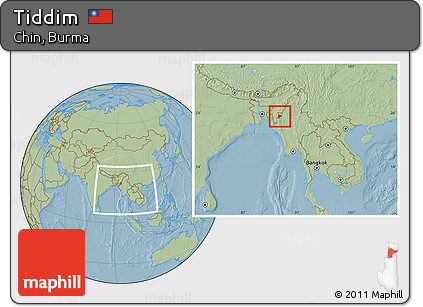 Savanna Style Location Map of Tiddim, within the entire country, hill shading