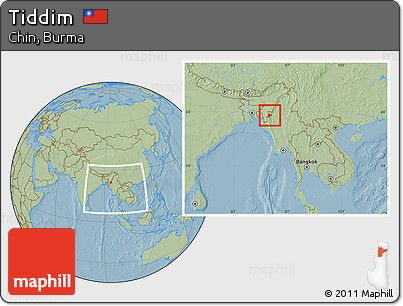 Savanna Style Location Map of Tiddim, within the entire country, hill shading