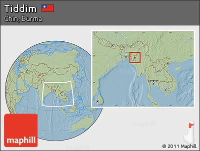 Savanna Style Location Map of Tiddim, within the entire country, hill shading