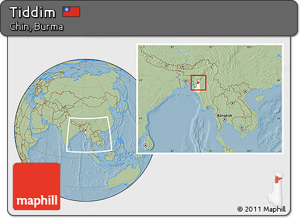 Savanna Style Location Map of Tiddim, highlighted parent region, within the entire country, hill shading