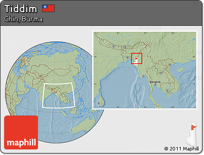 Savanna Style Location Map of Tiddim, highlighted parent region, within the entire country, hill shading