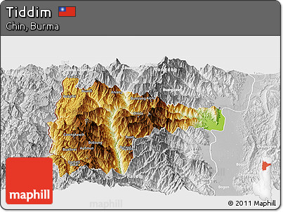 Physical Panoramic Map of Tiddim, lighten, desaturated