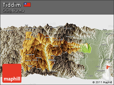 Physical Panoramic Map of Tiddim, semi-desaturated
