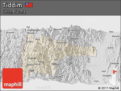 Shaded Relief Panoramic Map of Tiddim, desaturated