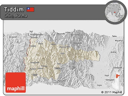 Shaded Relief Panoramic Map of Tiddim, desaturated