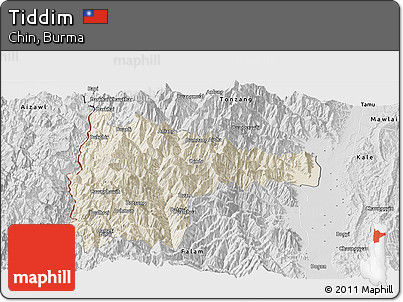 Shaded Relief Panoramic Map of Tiddim, desaturated
