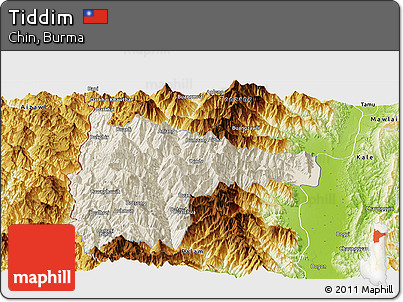 Shaded Relief Panoramic Map of Tiddim, physical outside