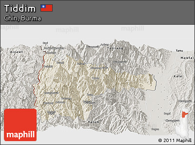 Shaded Relief Panoramic Map of Tiddim, semi-desaturated