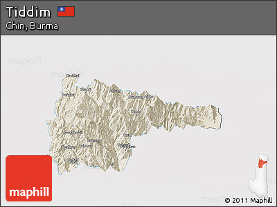 Shaded Relief Panoramic Map of Tiddim, single color outside