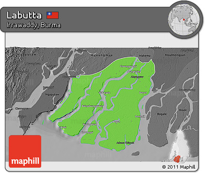 Political 3D Map of Labutta, darken, desaturated