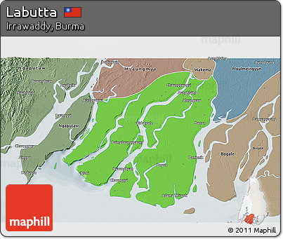 Political 3D Map of Labutta, semi-desaturated