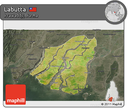 Satellite 3D Map of Labutta, darken, semi-desaturated