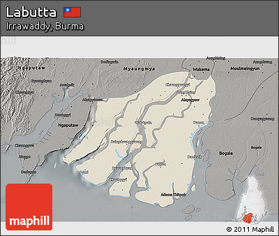 Shaded Relief 3D Map of Labutta, darken, semi-desaturated