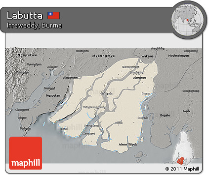 Shaded Relief 3D Map of Labutta, darken, semi-desaturated