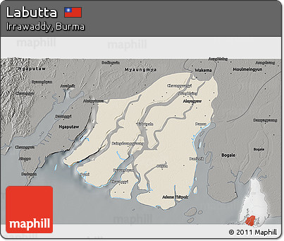 Shaded Relief 3D Map of Labutta, darken, semi-desaturated